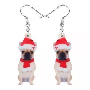 Christmas French Bulldog Earrings Santa Acrylic Lightweight Holiday Frenchie